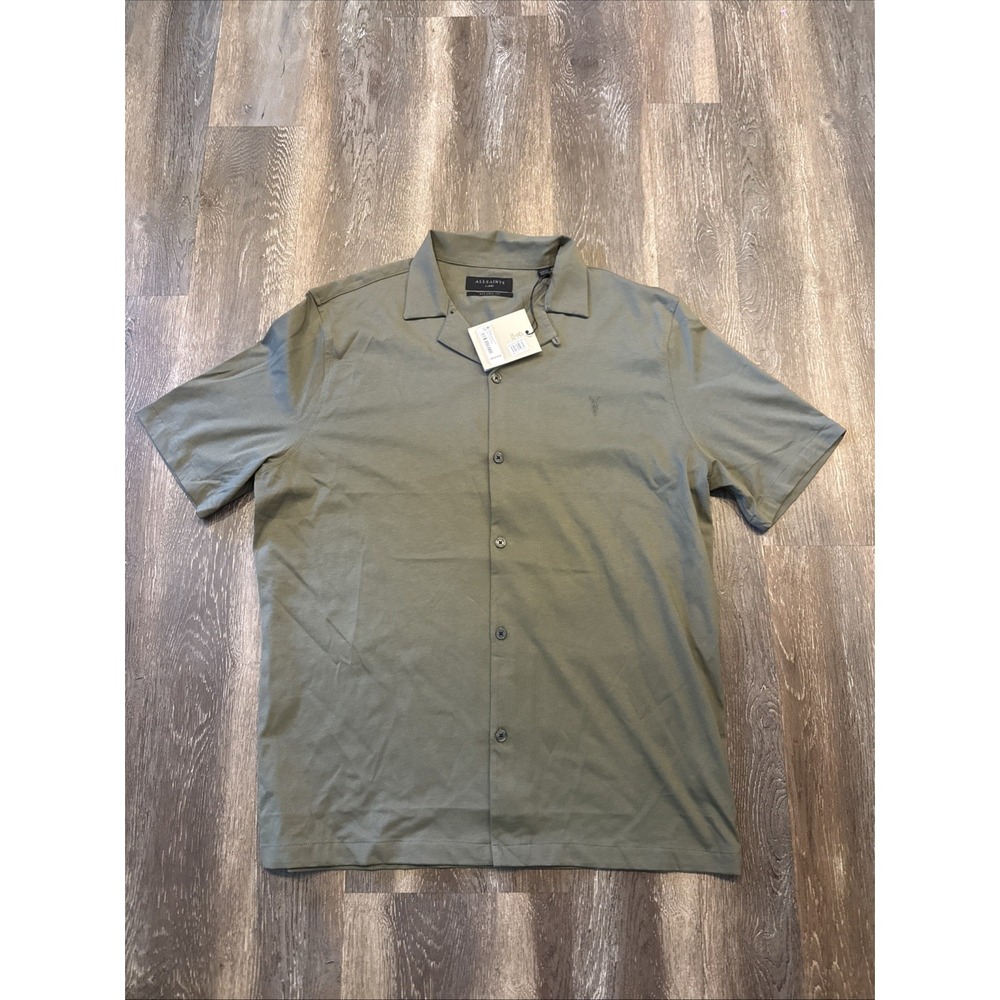 All Saints Hudson Short Sleeve Shirt Men's L Dusty Olive Green Ramskull NWT